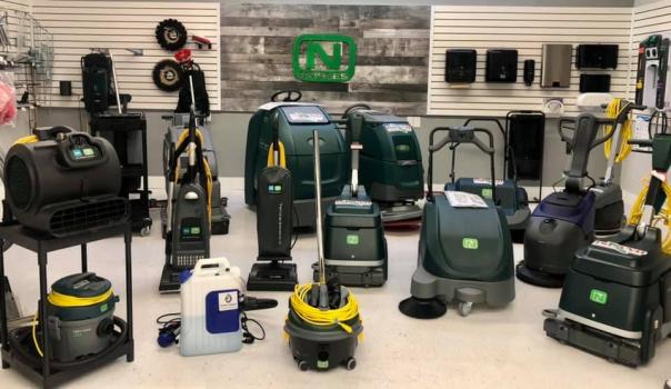 A display of vacuum cleaners.